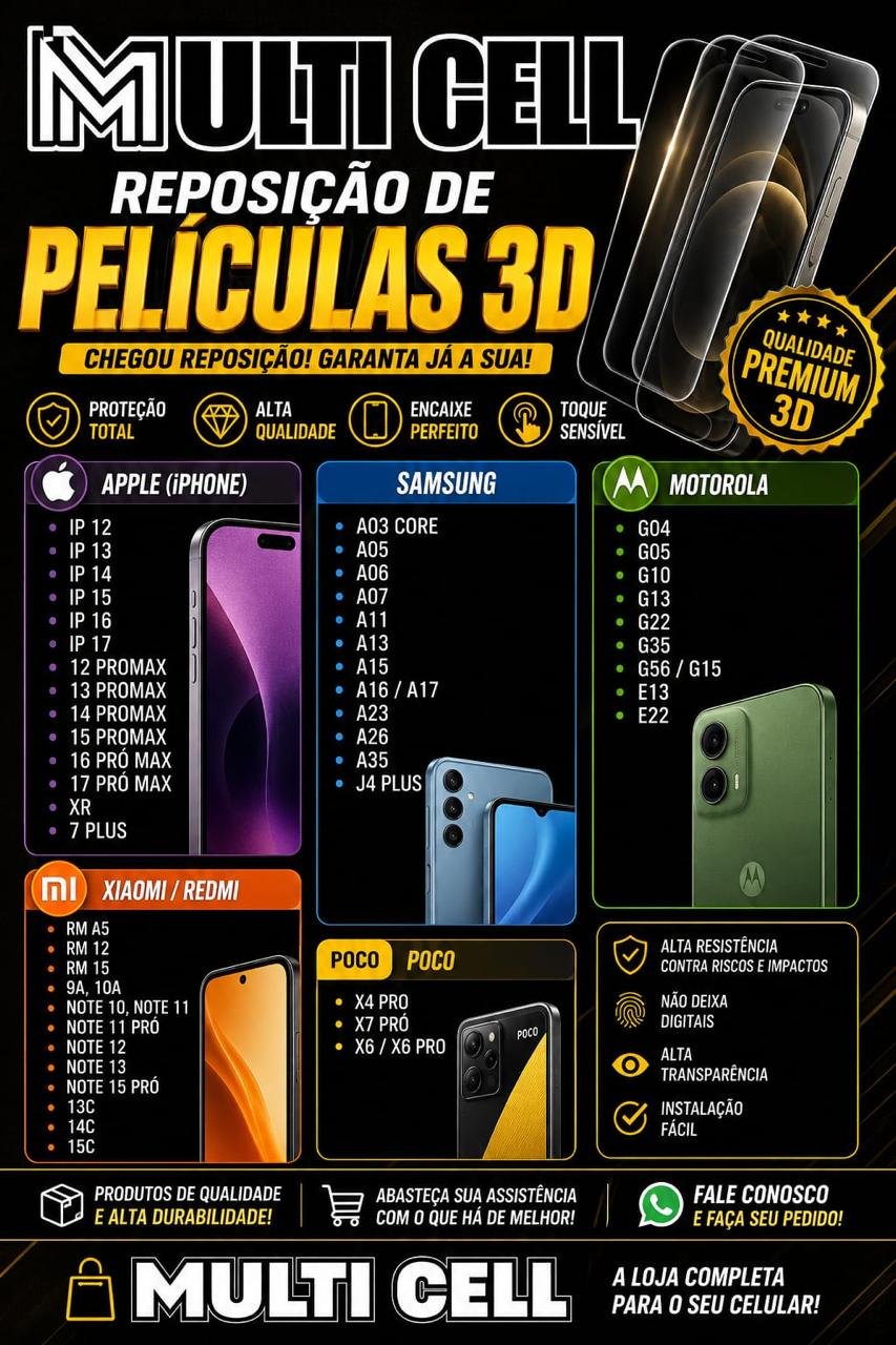 Películas 3D premium para celulares Apple, Samsung, Motorola, Xiaomi e Poco